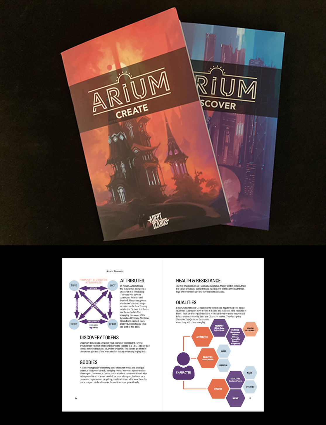 Arium: Create and Arium: Discover gaming books with a page spread