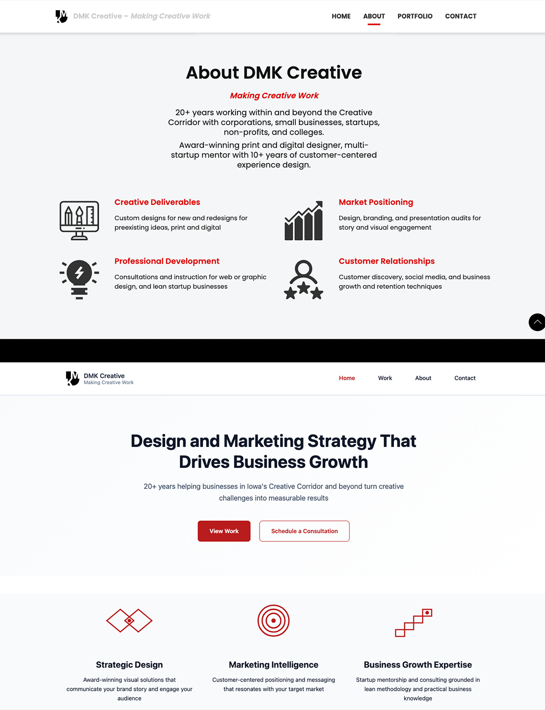 DMK Creative websites: Current static site (top) and new static WCAG 2 compliant Hugo-based site in-progress as of 2026 (bottom)