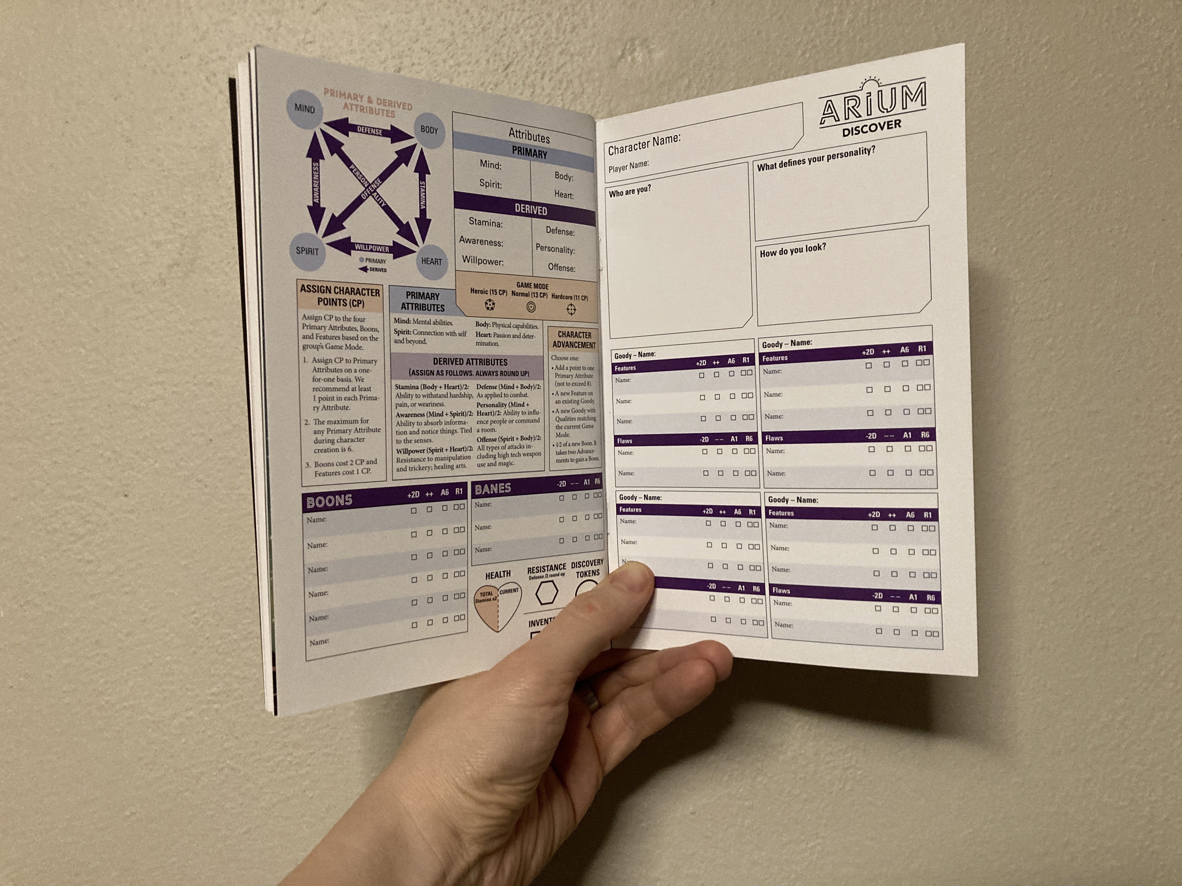 Photo of page spread showing the Character Sheet in Arium: Discover