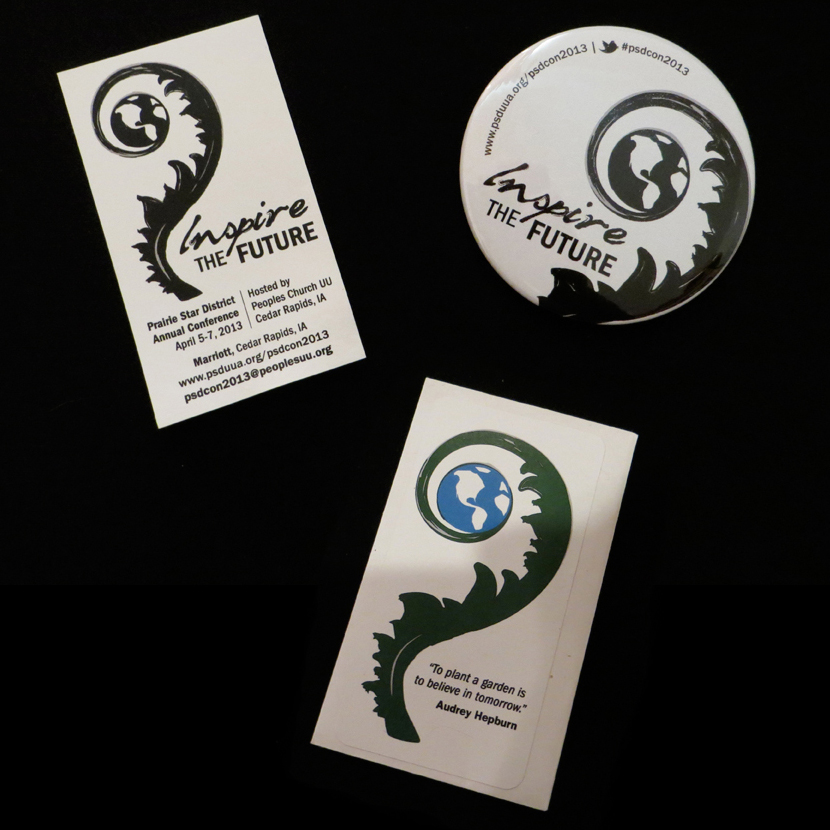 Business card, event button, and seed packet with prairie flower seeds inside
